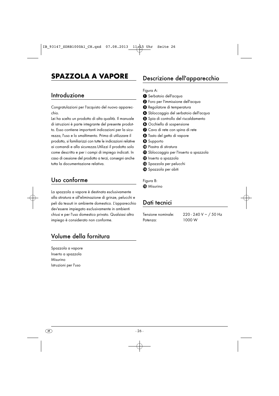 Spazzola a vapore, Introduzione, Uso conforme | Volume della fornitura, Descrizione dell'apparecchio, Dati tecnici | Silvercrest SDRB 1000 A1 User Manual | Page 29 / 51