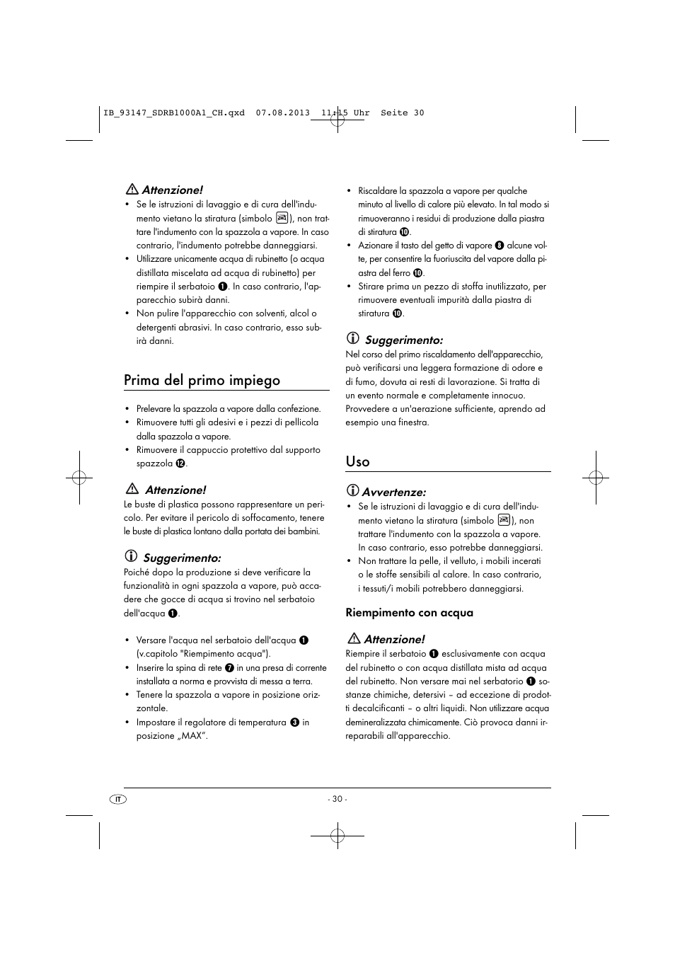 Prima del primo impiego, Attenzione, Suggerimento | Avvertenze, Riempimento con acqua attenzione | Silvercrest SDRB 1000 A1 User Manual | Page 33 / 51