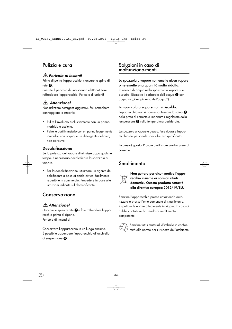 Pulizia e cura, Conservazione, Soluzioni in caso di malfunziona-menti | Smaltimento | Silvercrest SDRB 1000 A1 User Manual | Page 37 / 51