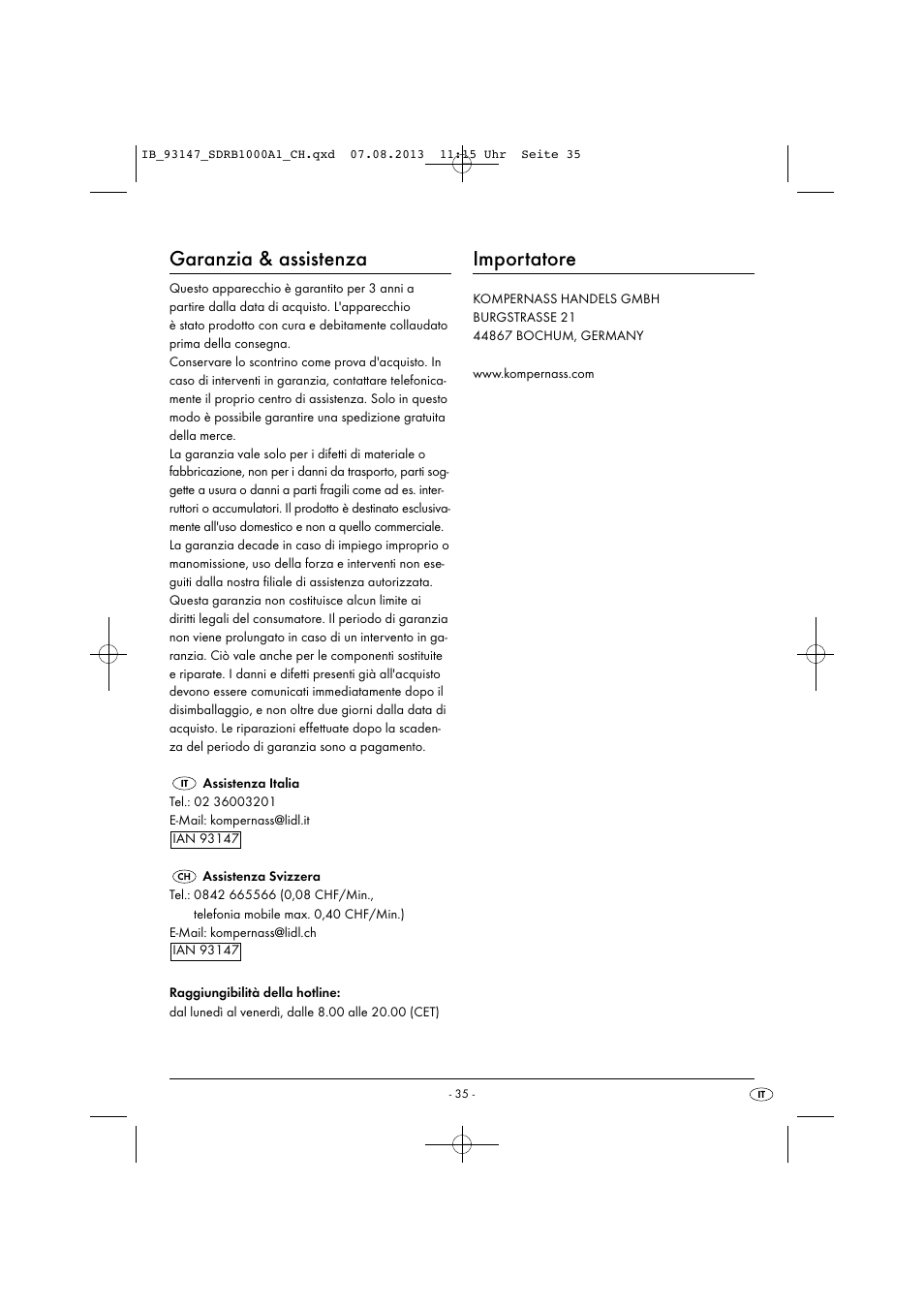 Garanzia & assistenza, Importatore | Silvercrest SDRB 1000 A1 User Manual | Page 38 / 51