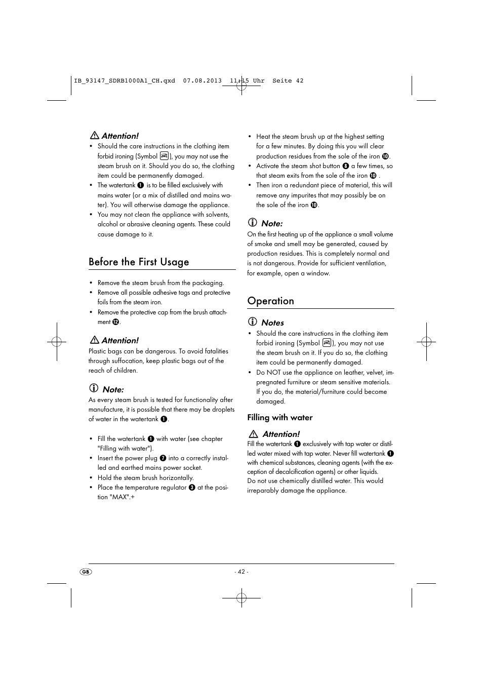 Before the first usage, Operation, Attention | Filling with water attention | Silvercrest SDRB 1000 A1 User Manual | Page 45 / 51