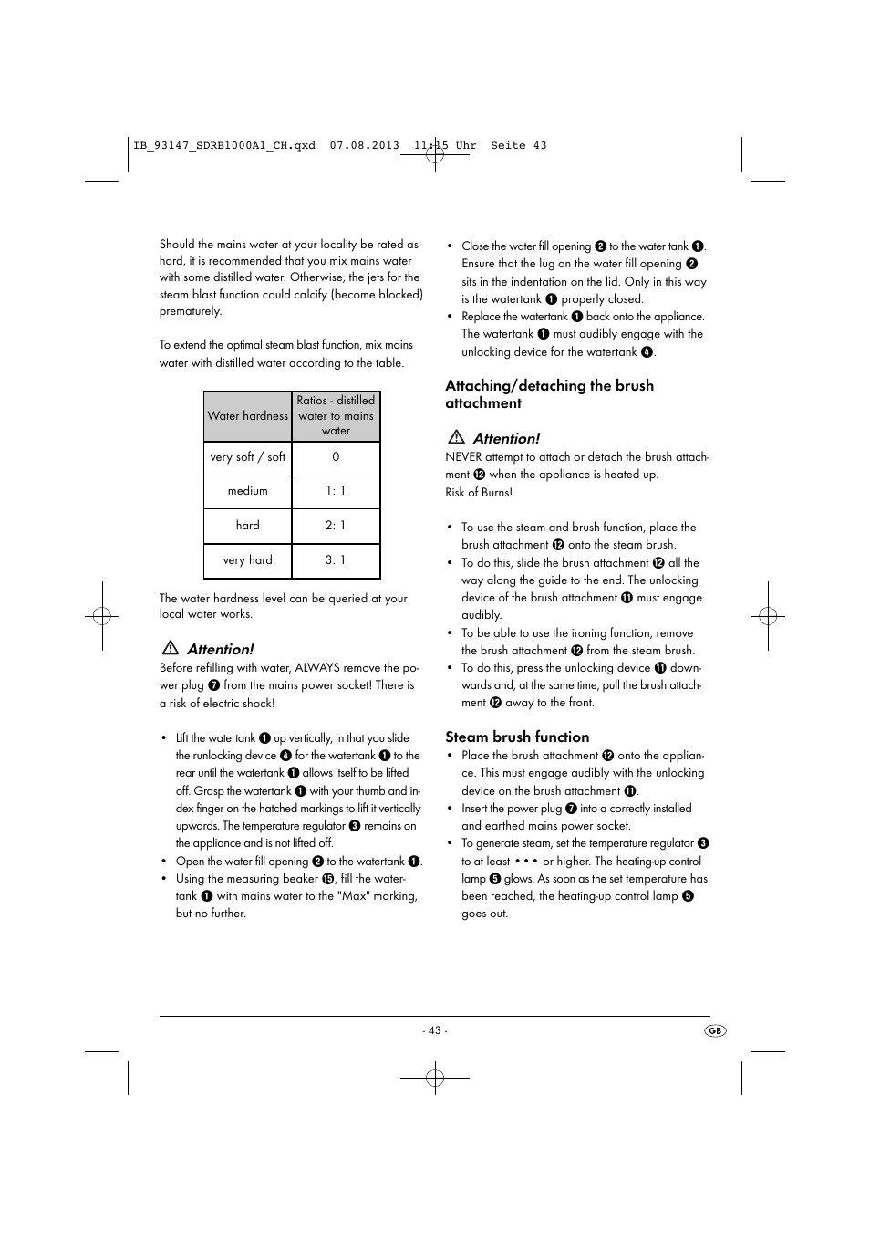 Attention, Attaching/detaching the brush attachment attention, Steam brush function | Silvercrest SDRB 1000 A1 User Manual | Page 46 / 51