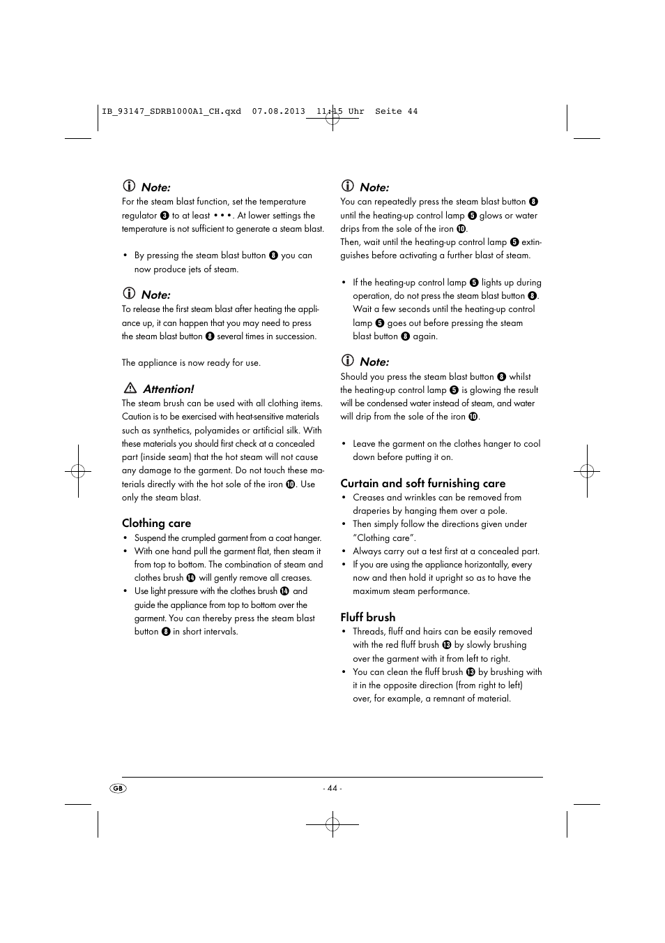 Attention, Clothing care, Curtain and soft furnishing care | Fluff brush | Silvercrest SDRB 1000 A1 User Manual | Page 47 / 51