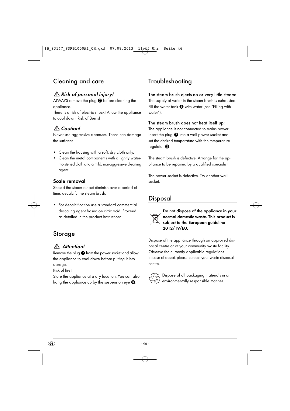 Cleaning and care, Storage, Troubleshooting | Disposal | Silvercrest SDRB 1000 A1 User Manual | Page 49 / 51