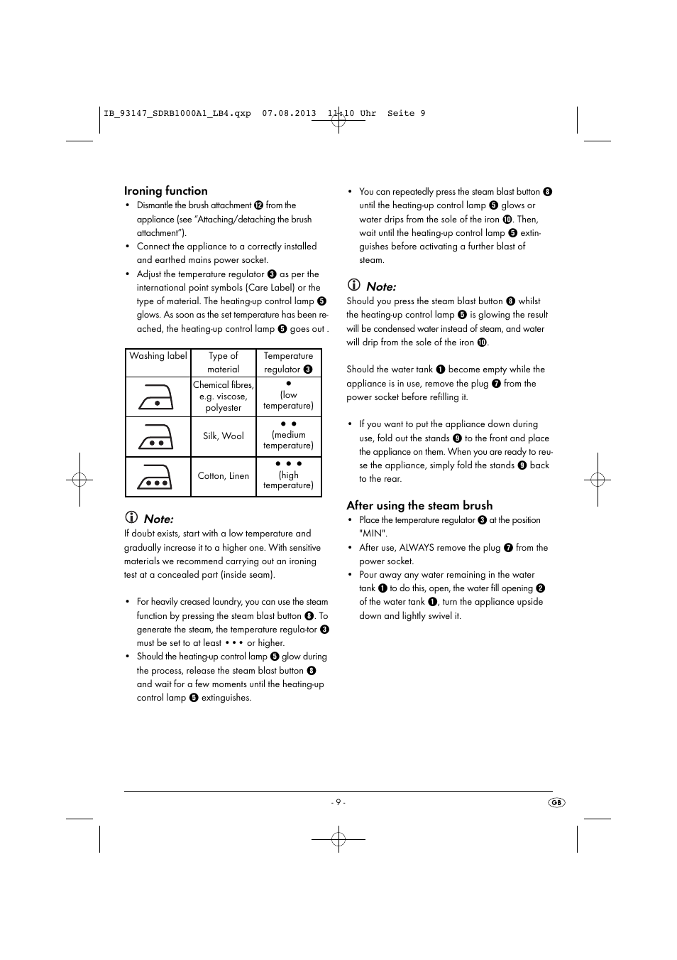 Ironing function, After using the steam brush | Silvercrest SDRB 1000 A1 User Manual | Page 12 / 87