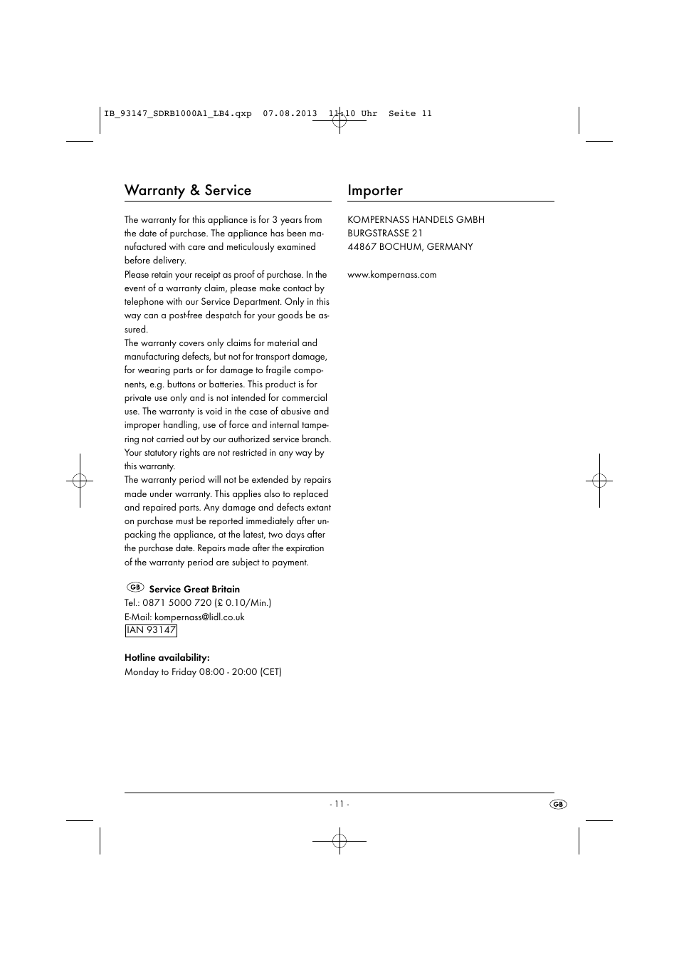 Warranty & service, Importer | Silvercrest SDRB 1000 A1 User Manual | Page 14 / 87