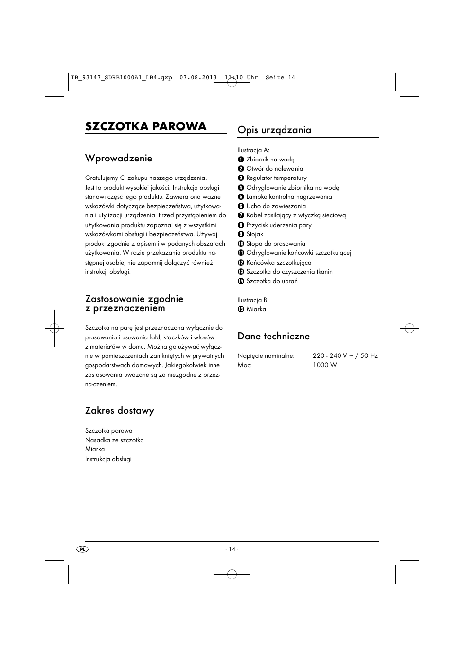 Szczotka parowa, Wprowadzenie, Zastosowanie zgodnie z przeznaczeniem | Zakres dostawy, Opis urządzania, Dane techniczne | Silvercrest SDRB 1000 A1 User Manual | Page 17 / 87