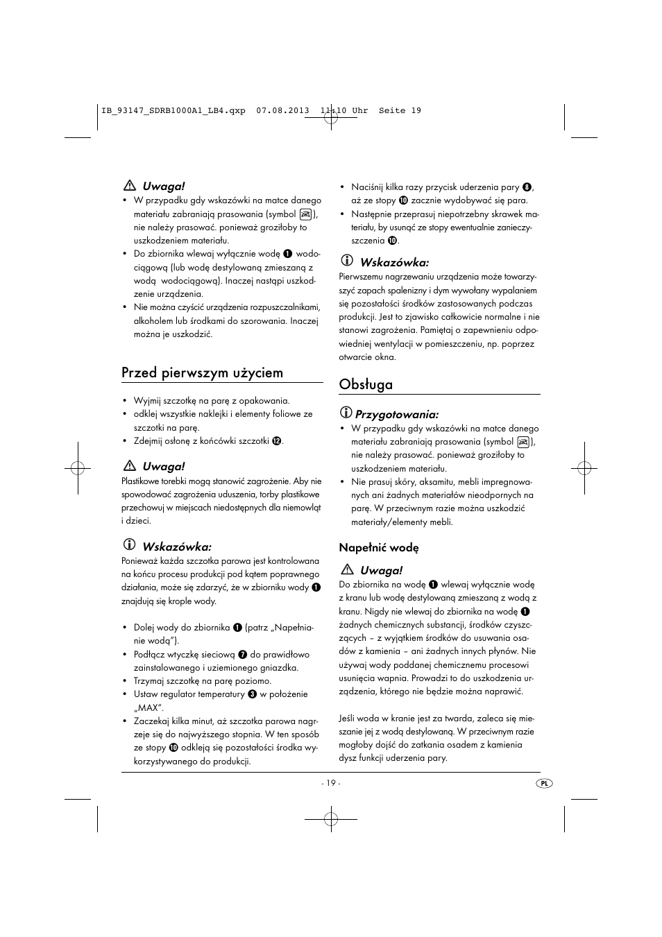 Przed pierwszym użyciem, Obsługa, Uwaga | Wskazówka, Przygotowania, Napełnić wodę uwaga | Silvercrest SDRB 1000 A1 User Manual | Page 22 / 87
