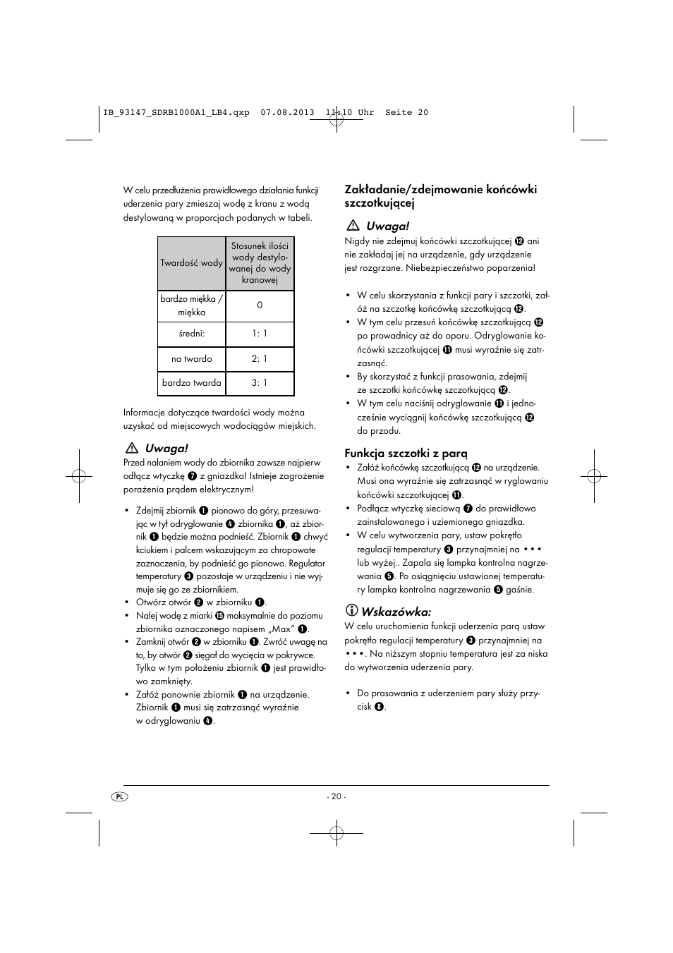 Uwaga, Funkcja szczotki z parą, Wskazówka | Silvercrest SDRB 1000 A1 User Manual | Page 23 / 87