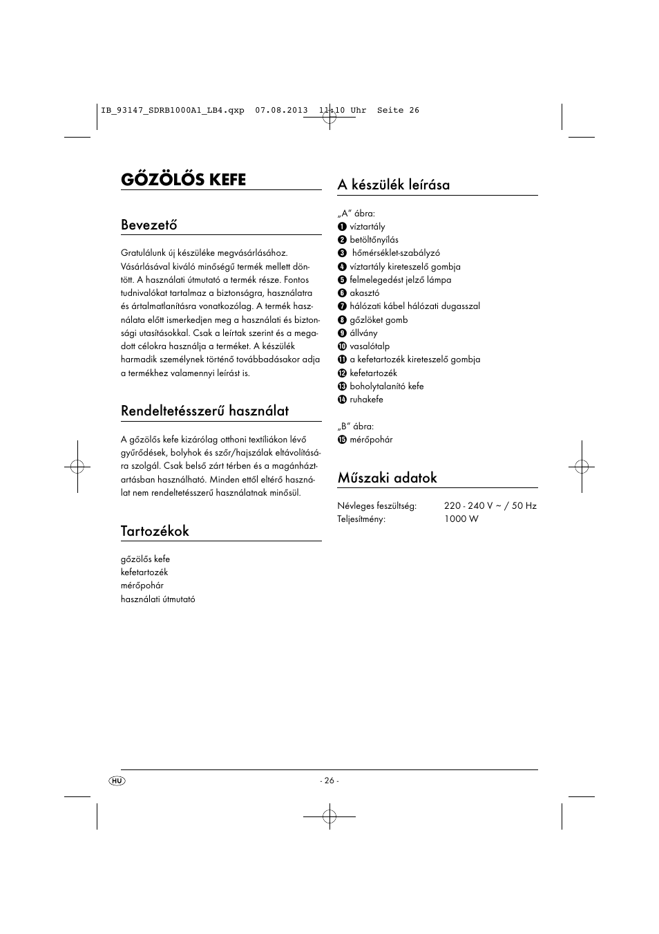 Gőzölős kefe, Bevezető, Rendeltetésszerű használat | Tartozékok, A készülék leírása, Műszaki adatok | Silvercrest SDRB 1000 A1 User Manual | Page 29 / 87