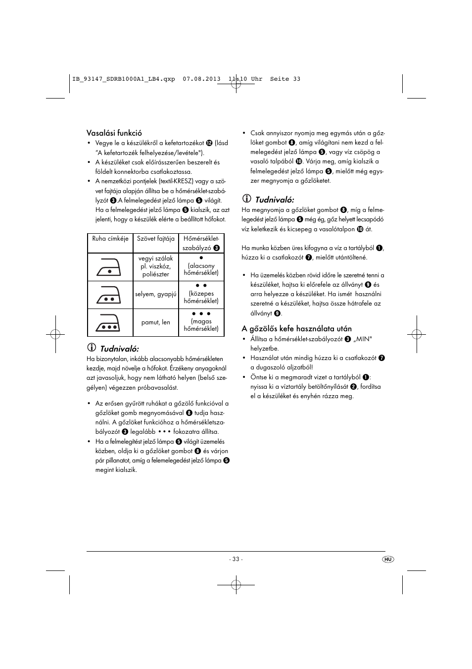 Vasalási funkció, Tudnivaló, A gőzölős kefe használata után | Silvercrest SDRB 1000 A1 User Manual | Page 36 / 87