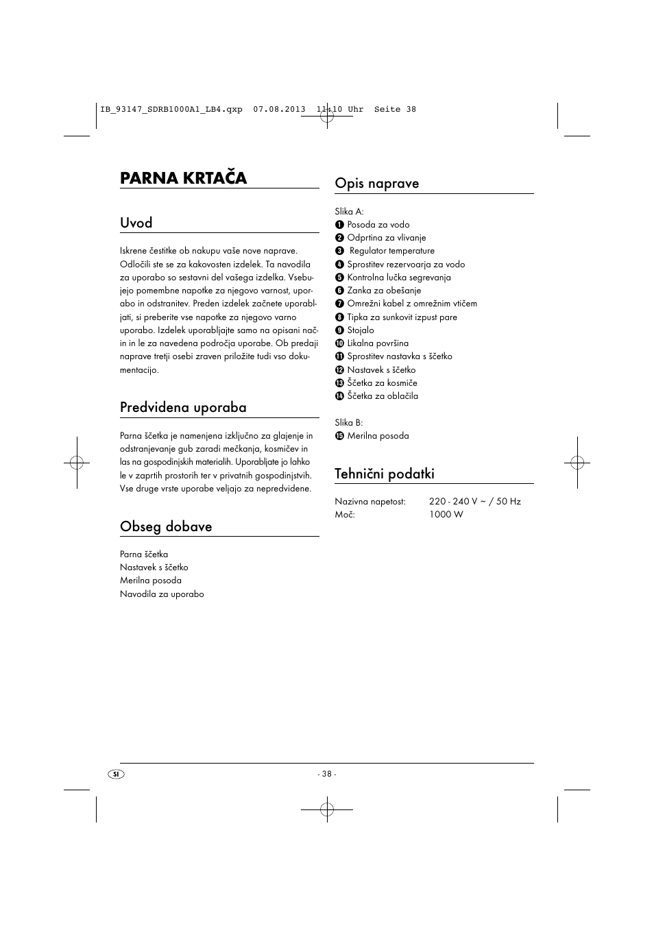 Parna krtača, Uvod, Predvidena uporaba | Obseg dobave, Opis naprave, Tehnični podatki | Silvercrest SDRB 1000 A1 User Manual | Page 41 / 87