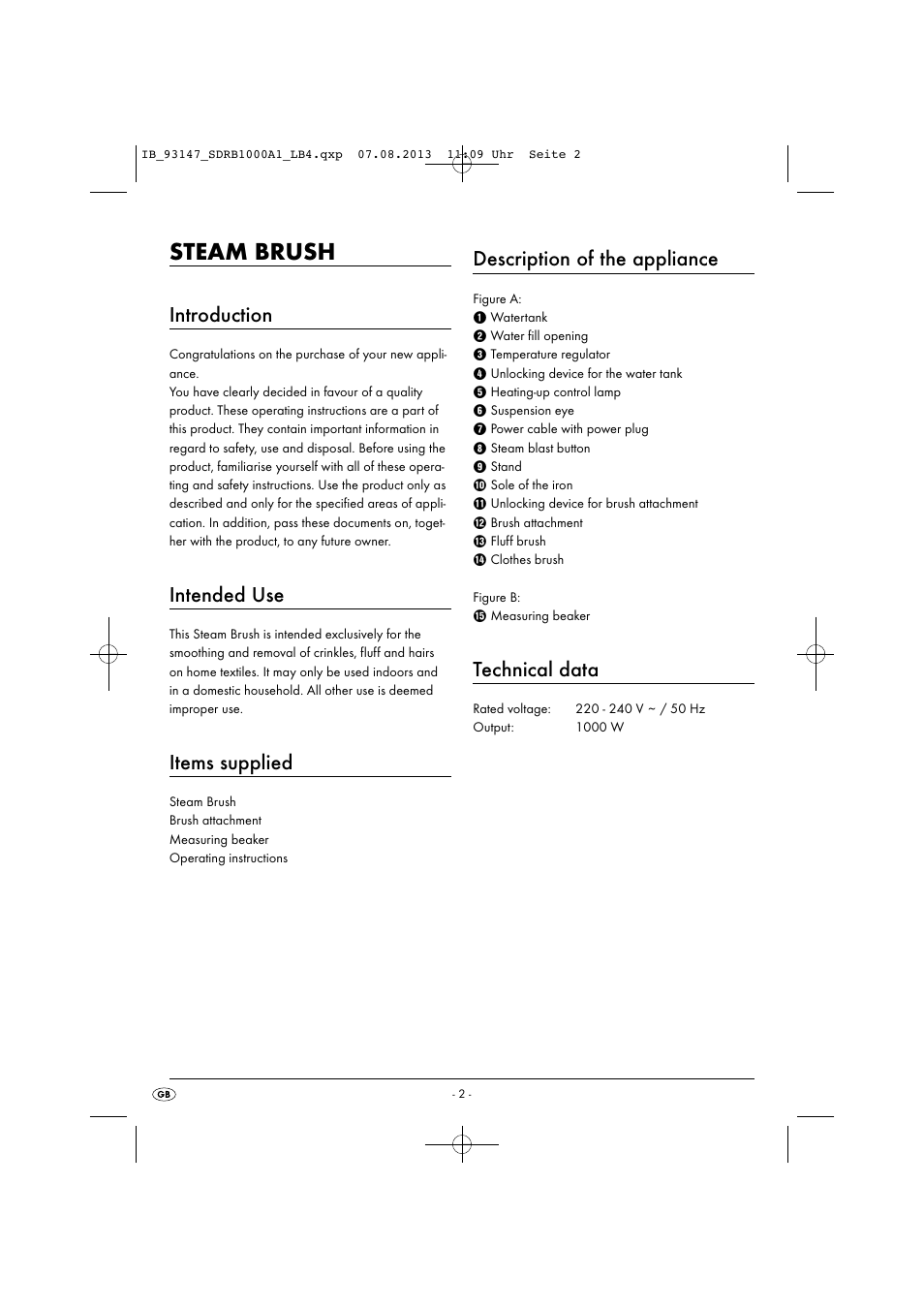 Steam brush, Introduction, Intended use | Items supplied, Description of the appliance, Technical data | Silvercrest SDRB 1000 A1 User Manual | Page 5 / 87