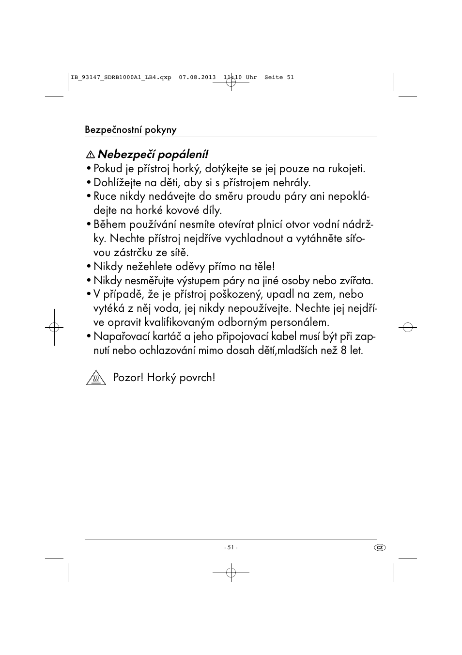 Nebezpečí popálení | Silvercrest SDRB 1000 A1 User Manual | Page 54 / 87