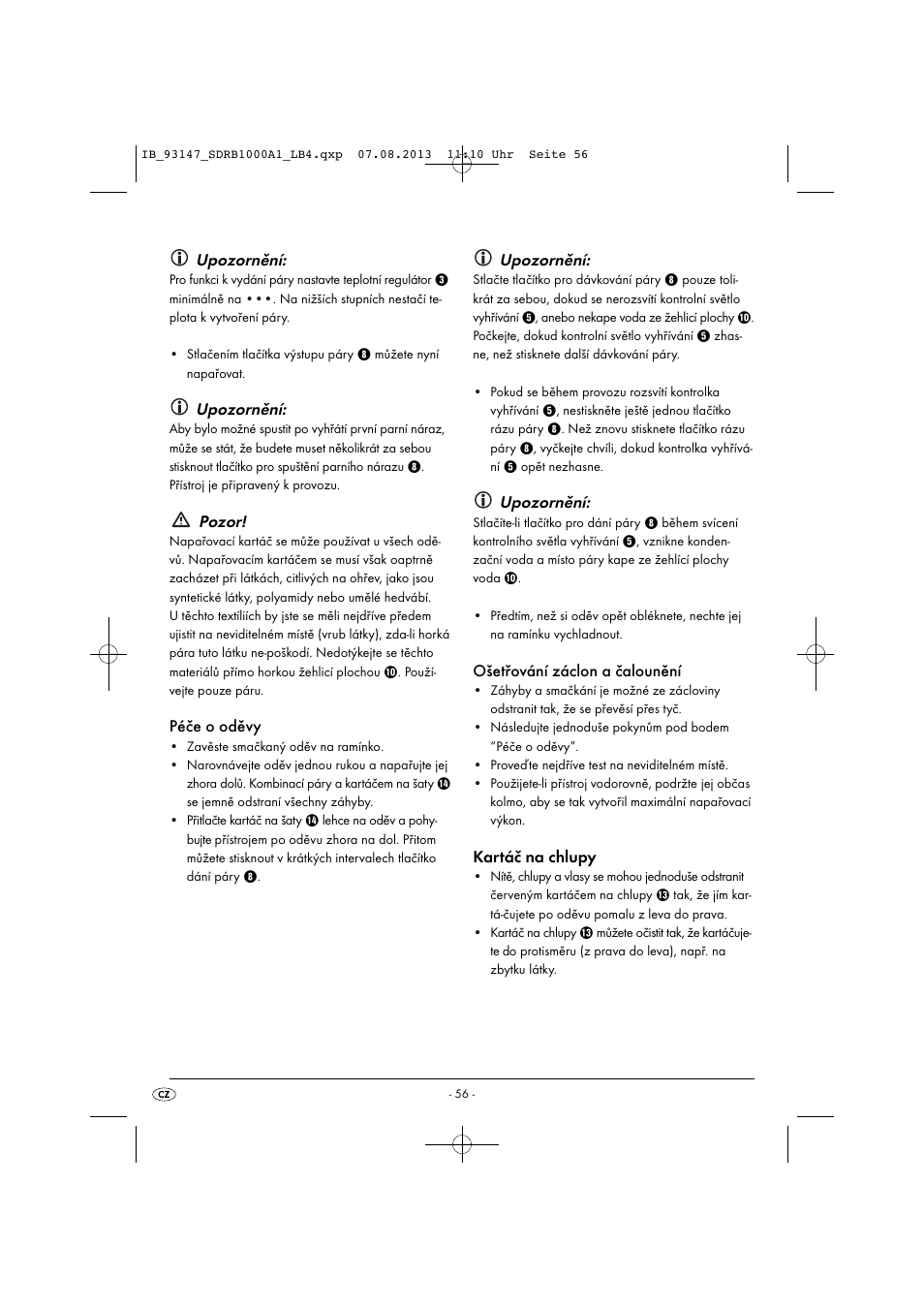 Upozornění, Pozor, Péče o oděvy | Ošetřování záclon a čalounění, Kartáč na chlupy | Silvercrest SDRB 1000 A1 User Manual | Page 59 / 87