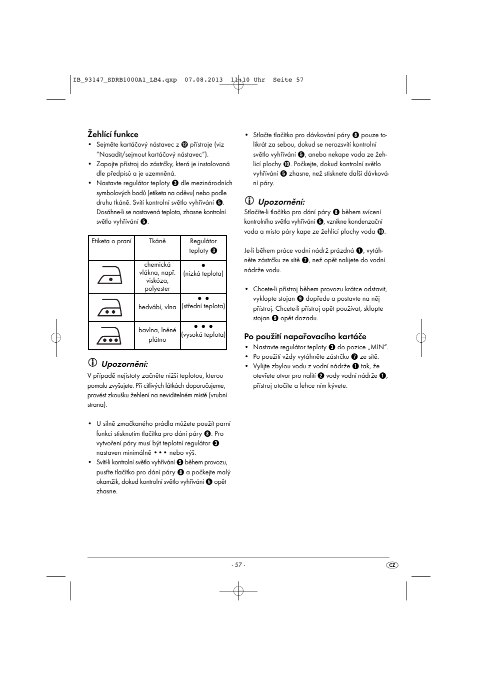 Žehlící funkce, Upozornění, Po použití napařovacího kartáče | Silvercrest SDRB 1000 A1 User Manual | Page 60 / 87