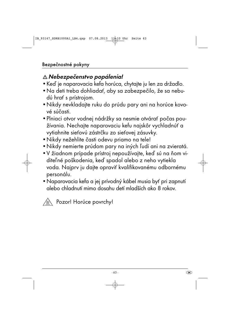 Nebezpečenstvo popálenia | Silvercrest SDRB 1000 A1 User Manual | Page 66 / 87