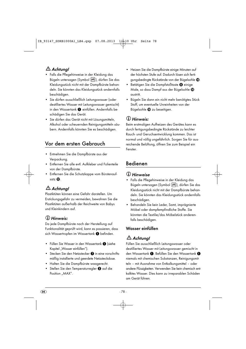 Vor dem ersten gebrauch, Bedienen, Achtung | Hinweis, Hinweise, Wasser einfüllen achtung | Silvercrest SDRB 1000 A1 User Manual | Page 81 / 87