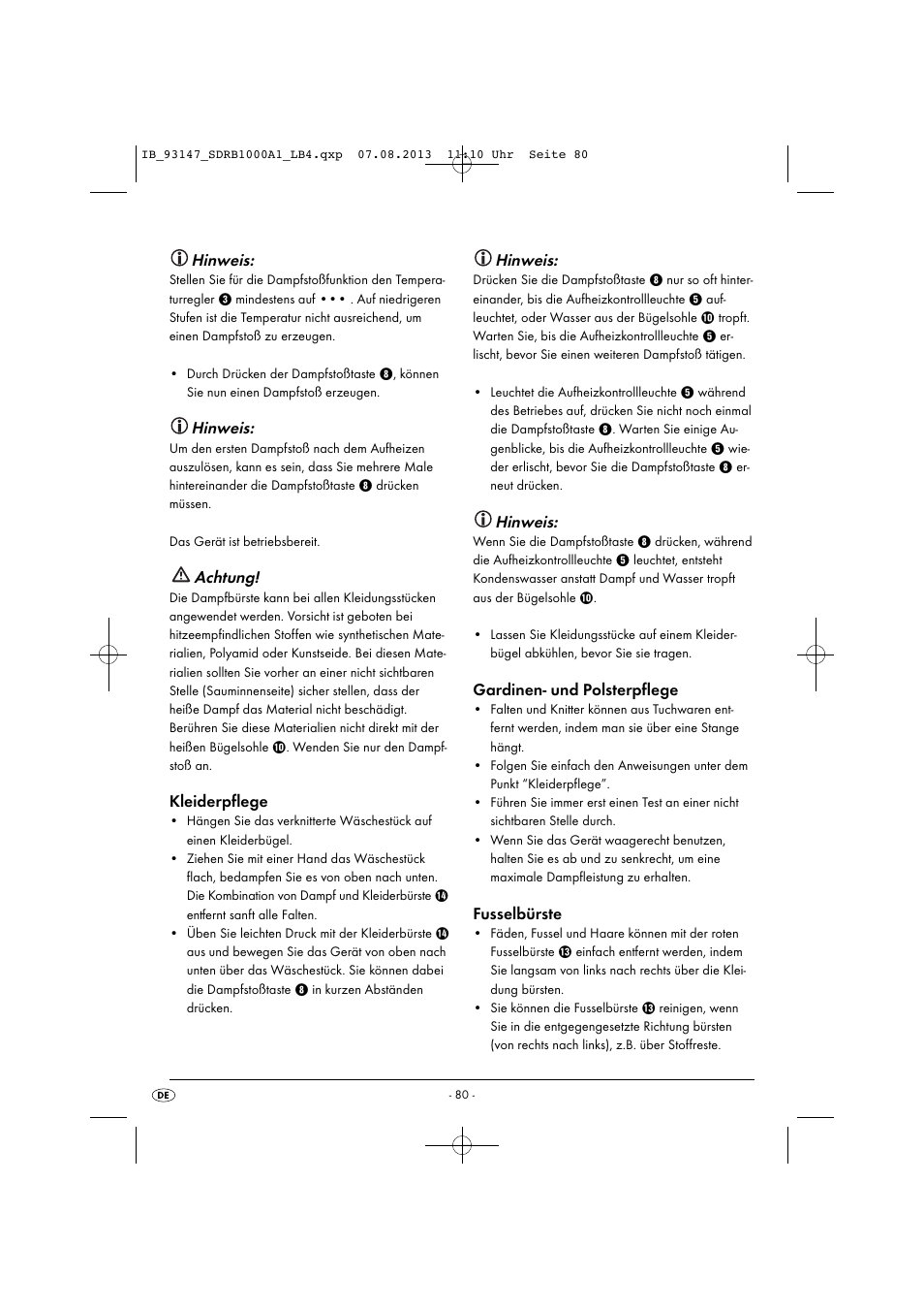 Hinweis, Achtung, Kleiderpflege | Gardinen- und polsterpflege, Fusselbürste | Silvercrest SDRB 1000 A1 User Manual | Page 83 / 87