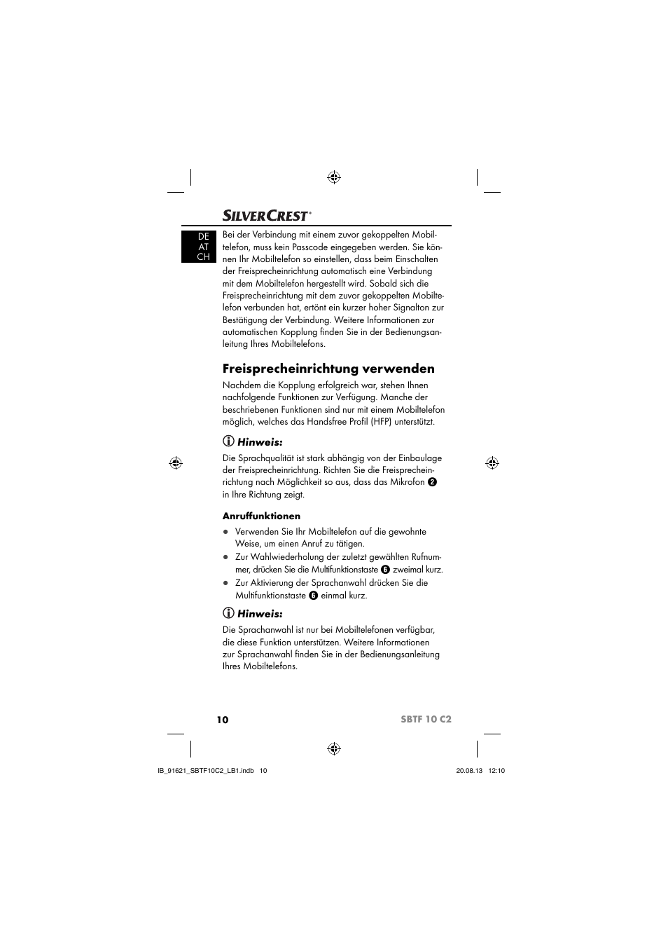 Freisprecheinrichtung verwenden, Hinweis | Silvercrest SBTF 10 C2 User Manual | Page 13 / 86