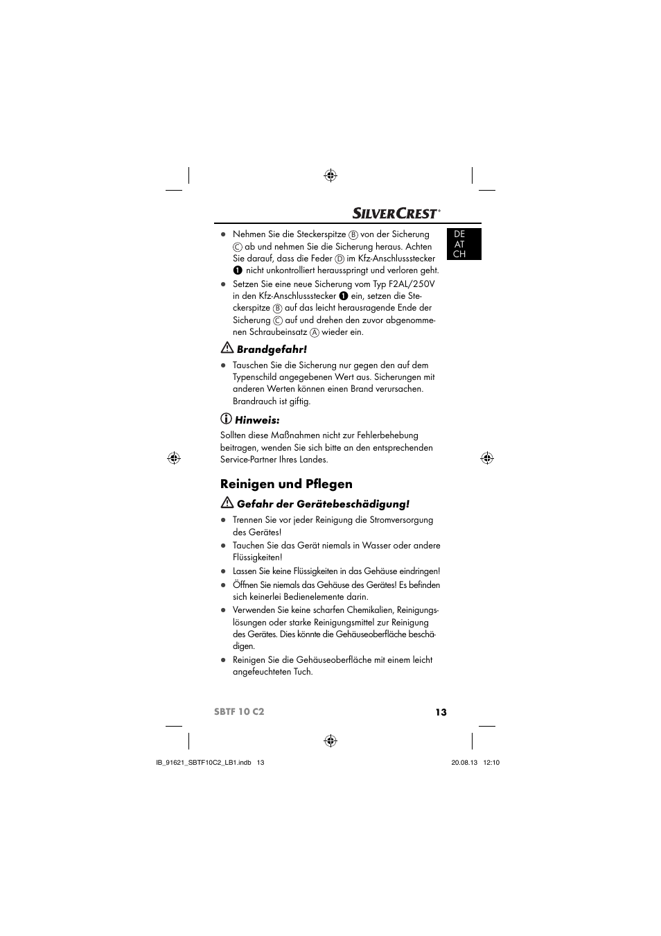 Reinigen und pﬂ egen, Brandgefahr, Hinweis | Gefahr der gerätebeschädigung | Silvercrest SBTF 10 C2 User Manual | Page 16 / 86