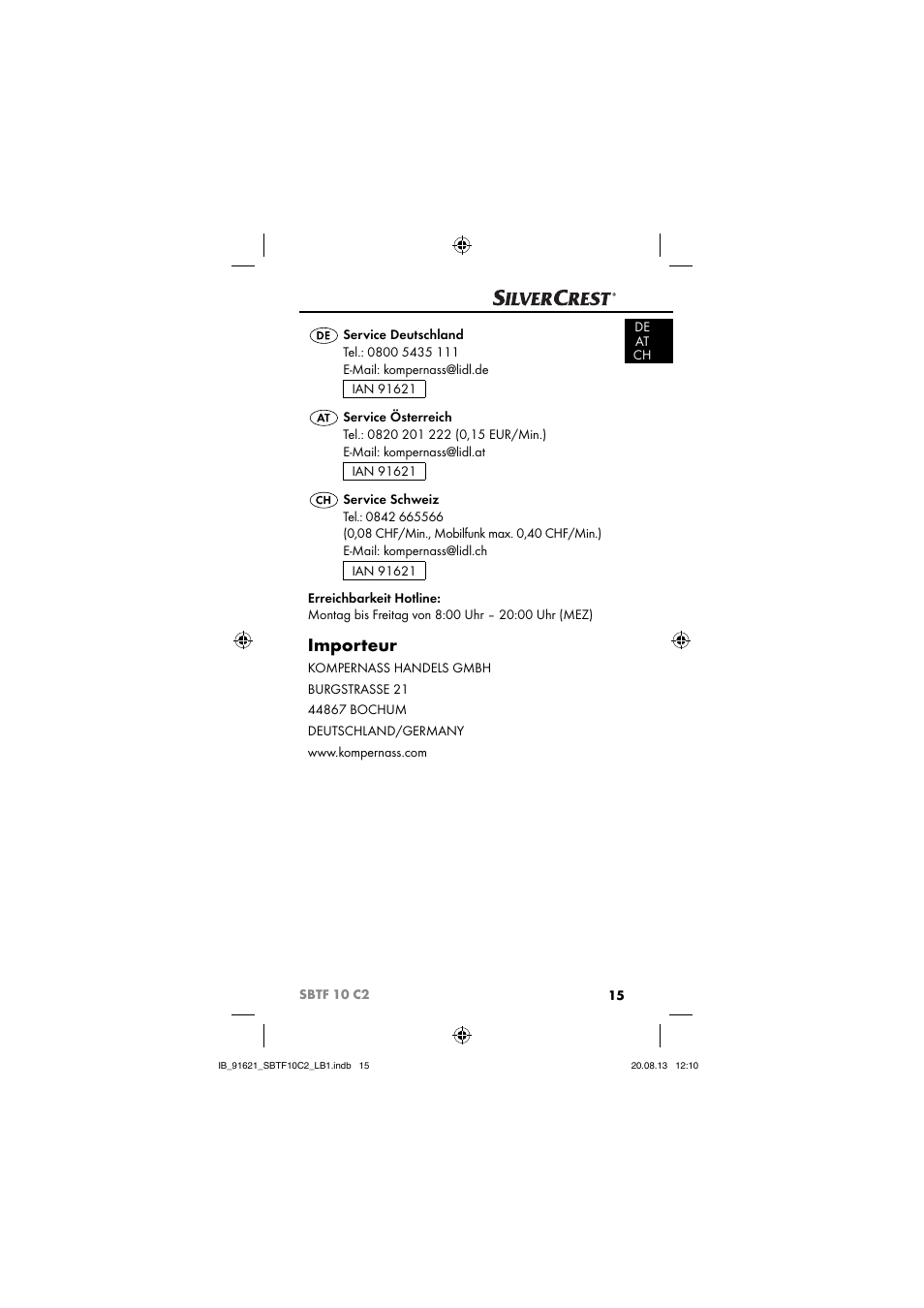 Importeur | Silvercrest SBTF 10 C2 User Manual | Page 18 / 86