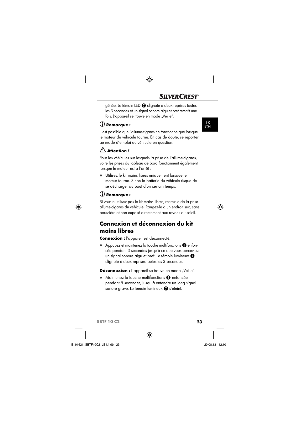 Connexion et déconnexion du kit mains libres | Silvercrest SBTF 10 C2 User Manual | Page 26 / 86