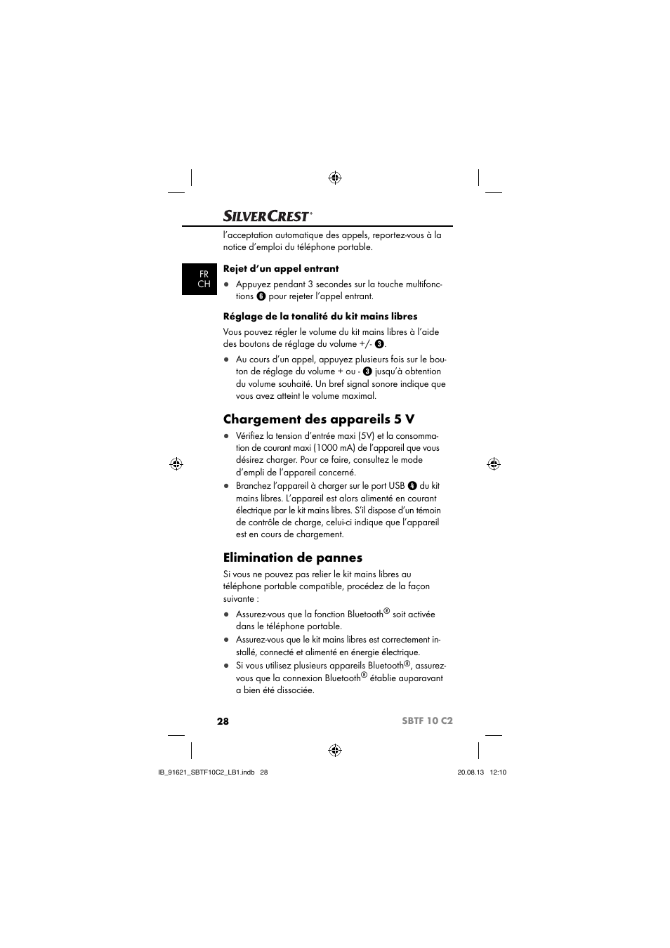 Chargement des appareils 5 v, Elimination de pannes | Silvercrest SBTF 10 C2 User Manual | Page 31 / 86