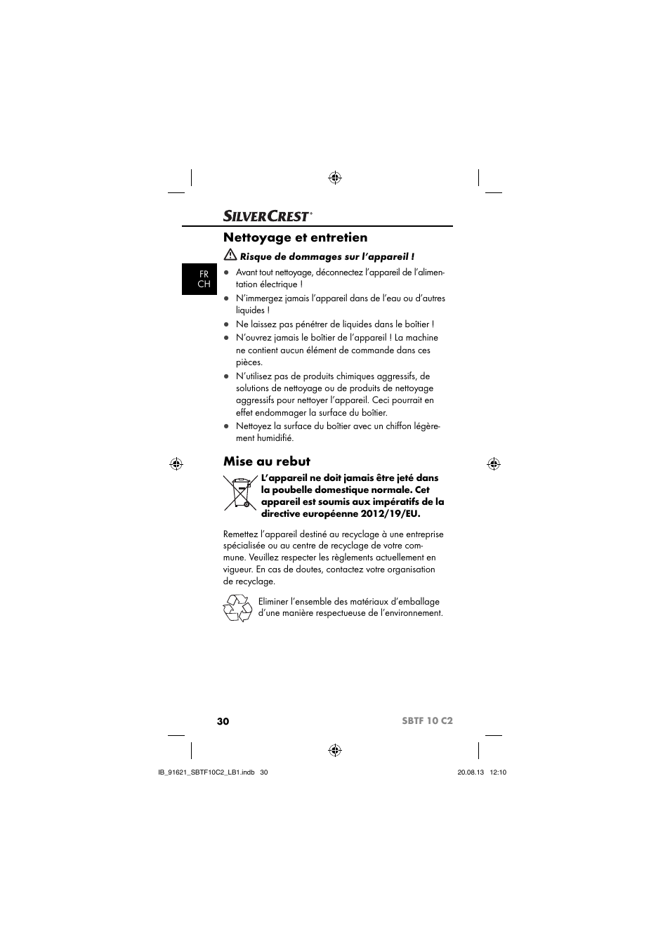 Nettoyage et entretien, Mise au rebut | Silvercrest SBTF 10 C2 User Manual | Page 33 / 86