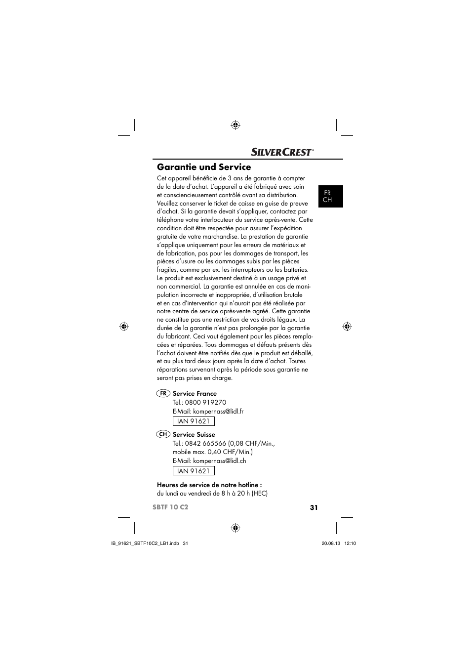 Garantie und service | Silvercrest SBTF 10 C2 User Manual | Page 34 / 86