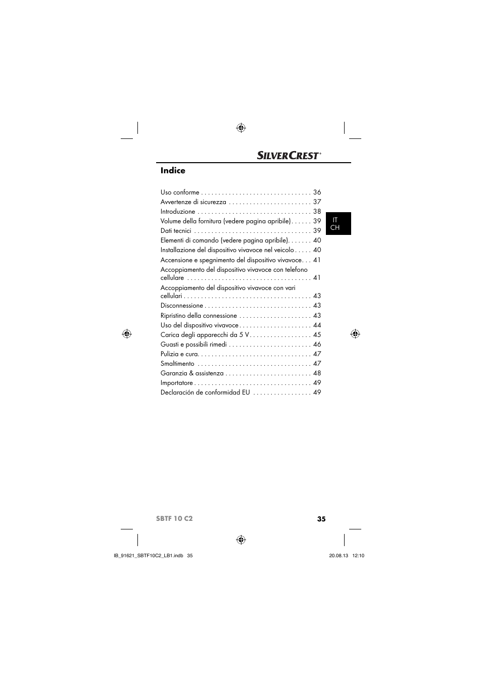 Indice | Silvercrest SBTF 10 C2 User Manual | Page 38 / 86