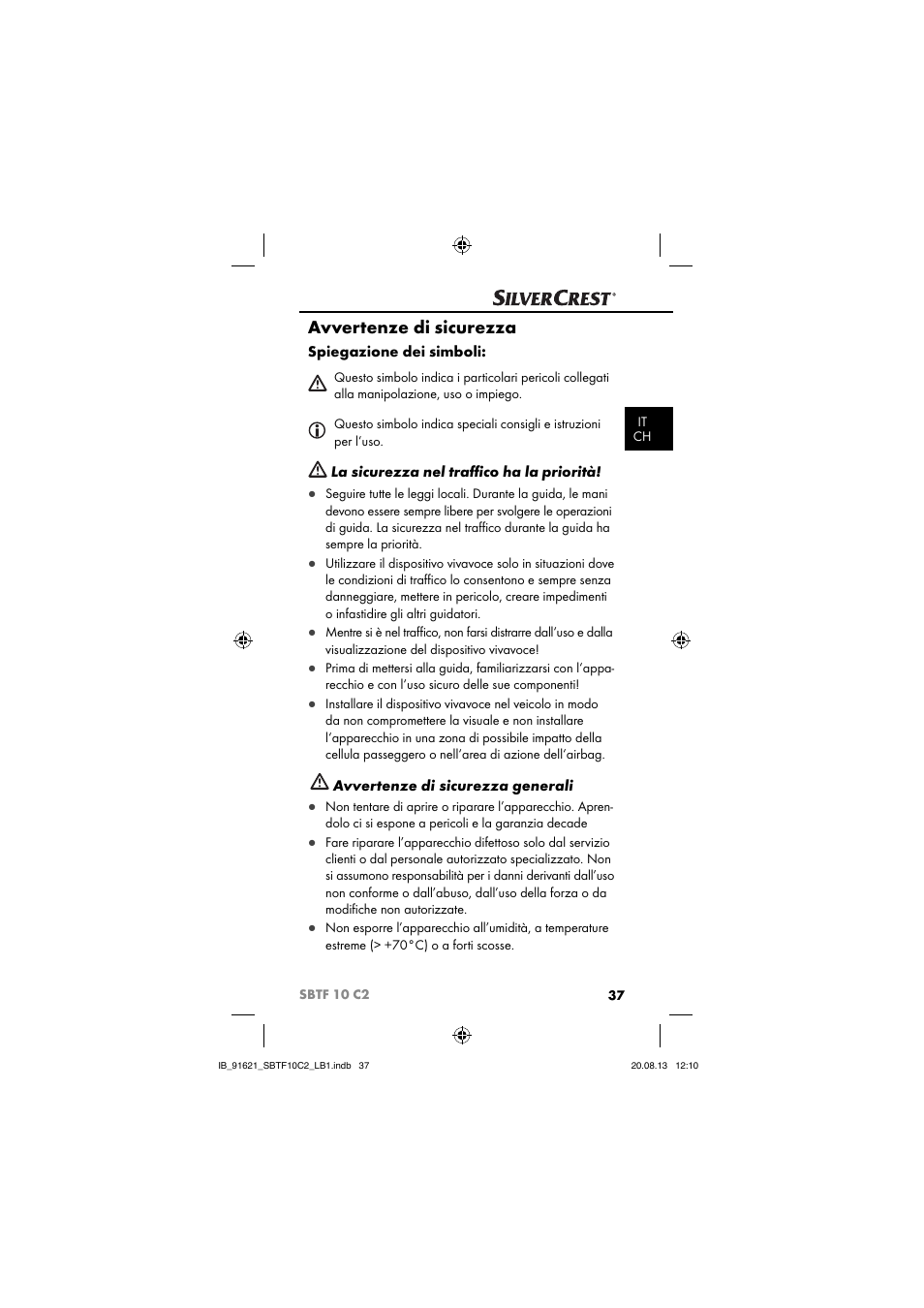 Avvertenze di sicurezza | Silvercrest SBTF 10 C2 User Manual | Page 40 / 86