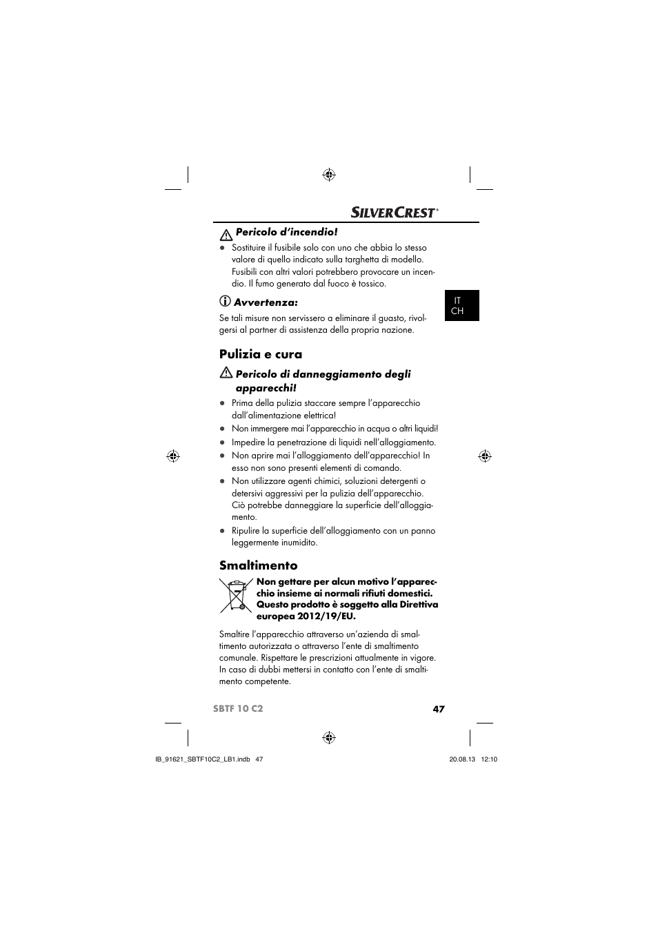 Pulizia e cura, Smaltimento | Silvercrest SBTF 10 C2 User Manual | Page 50 / 86