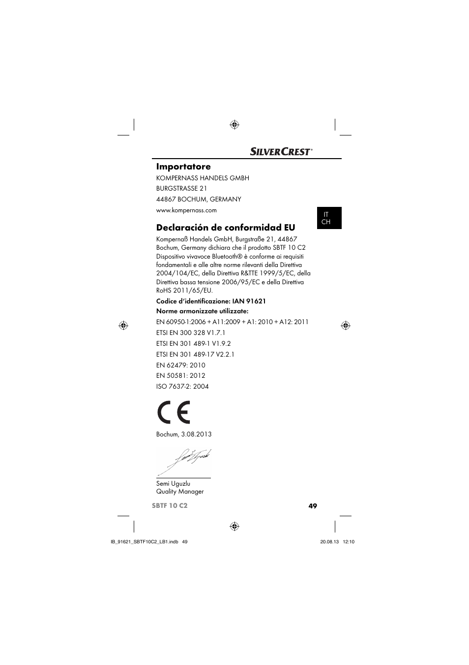 Importatore, Declaración de conformidad eu | Silvercrest SBTF 10 C2 User Manual | Page 52 / 86