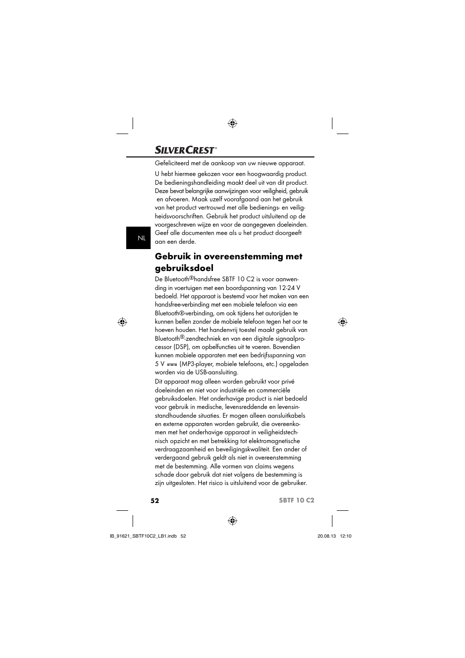 Gebruik in overeenstemming met gebruiksdoel | Silvercrest SBTF 10 C2 User Manual | Page 55 / 86