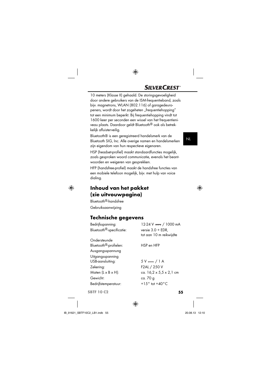 Inhoud van het pakket (zie uitvouwpagina), Technische gegevens | Silvercrest SBTF 10 C2 User Manual | Page 58 / 86