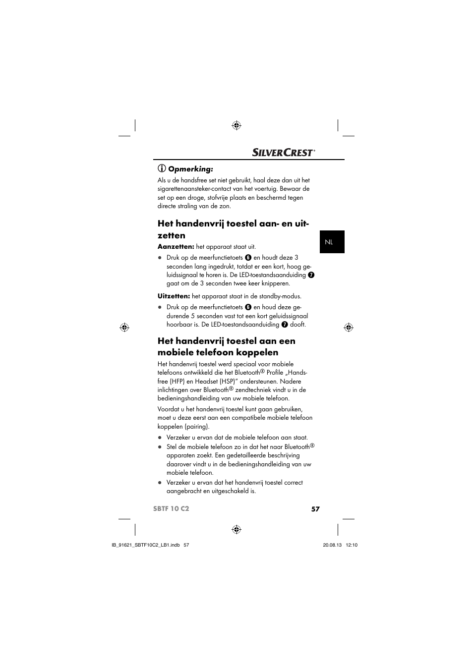 Het handenvrij toestel aan- en uit- zetten, Opmerking | Silvercrest SBTF 10 C2 User Manual | Page 60 / 86