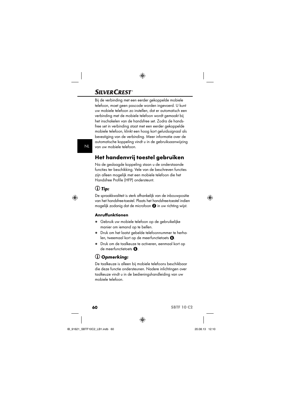 Het handenvrij toestel gebruiken, Opmerking | Silvercrest SBTF 10 C2 User Manual | Page 63 / 86