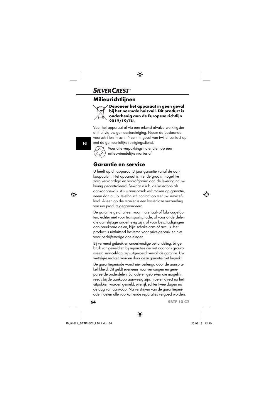 Milieurichtlijnen, Garantie en service | Silvercrest SBTF 10 C2 User Manual | Page 67 / 86