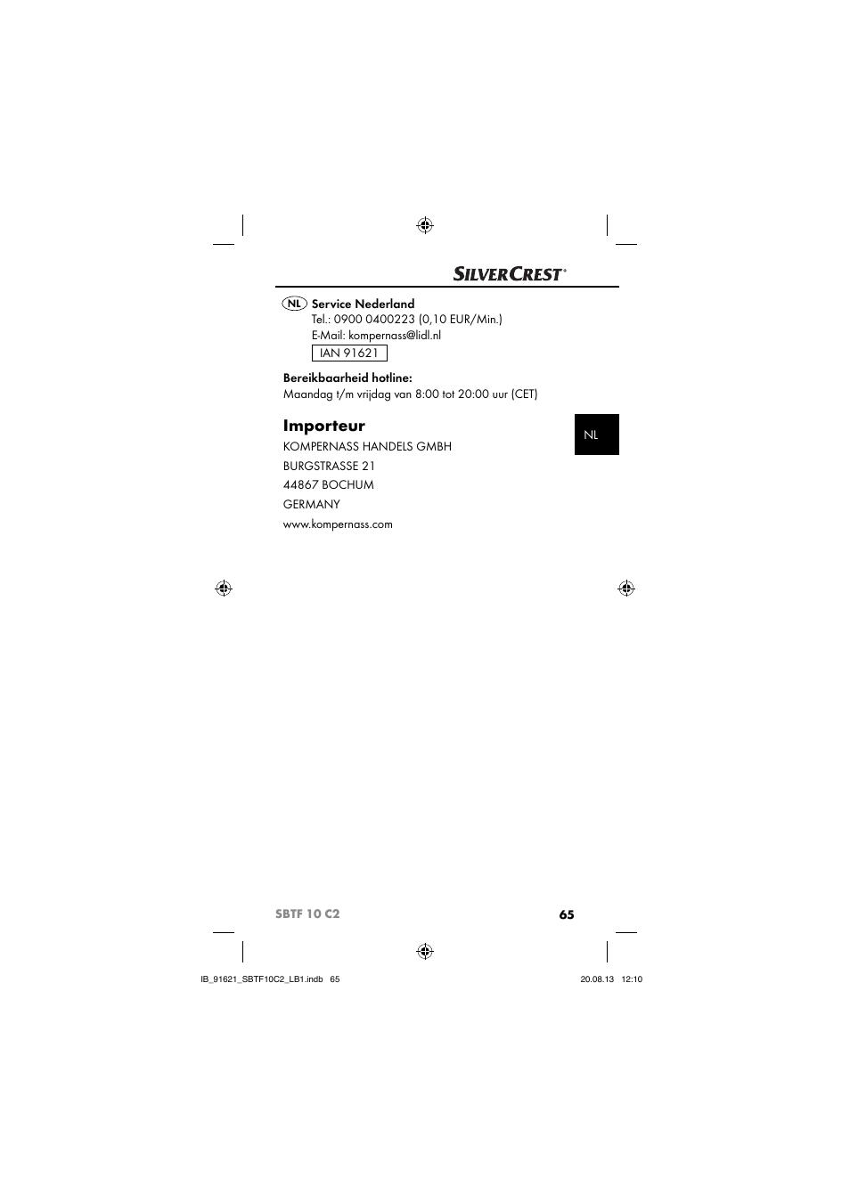 Importeur | Silvercrest SBTF 10 C2 User Manual | Page 68 / 86