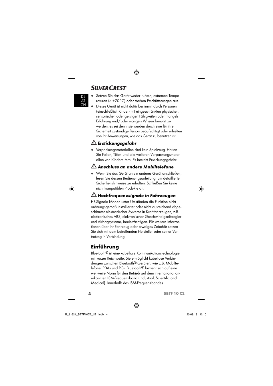 Einführung, Erstickungsgefahr, Anschluss an andere mobiltelefone | Hochfrequenzsignale in fahrzeugen | Silvercrest SBTF 10 C2 User Manual | Page 7 / 86