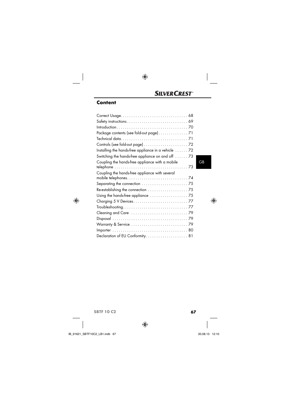 Content | Silvercrest SBTF 10 C2 User Manual | Page 70 / 86