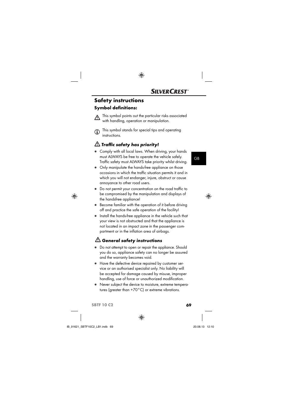 Safety instructions | Silvercrest SBTF 10 C2 User Manual | Page 72 / 86