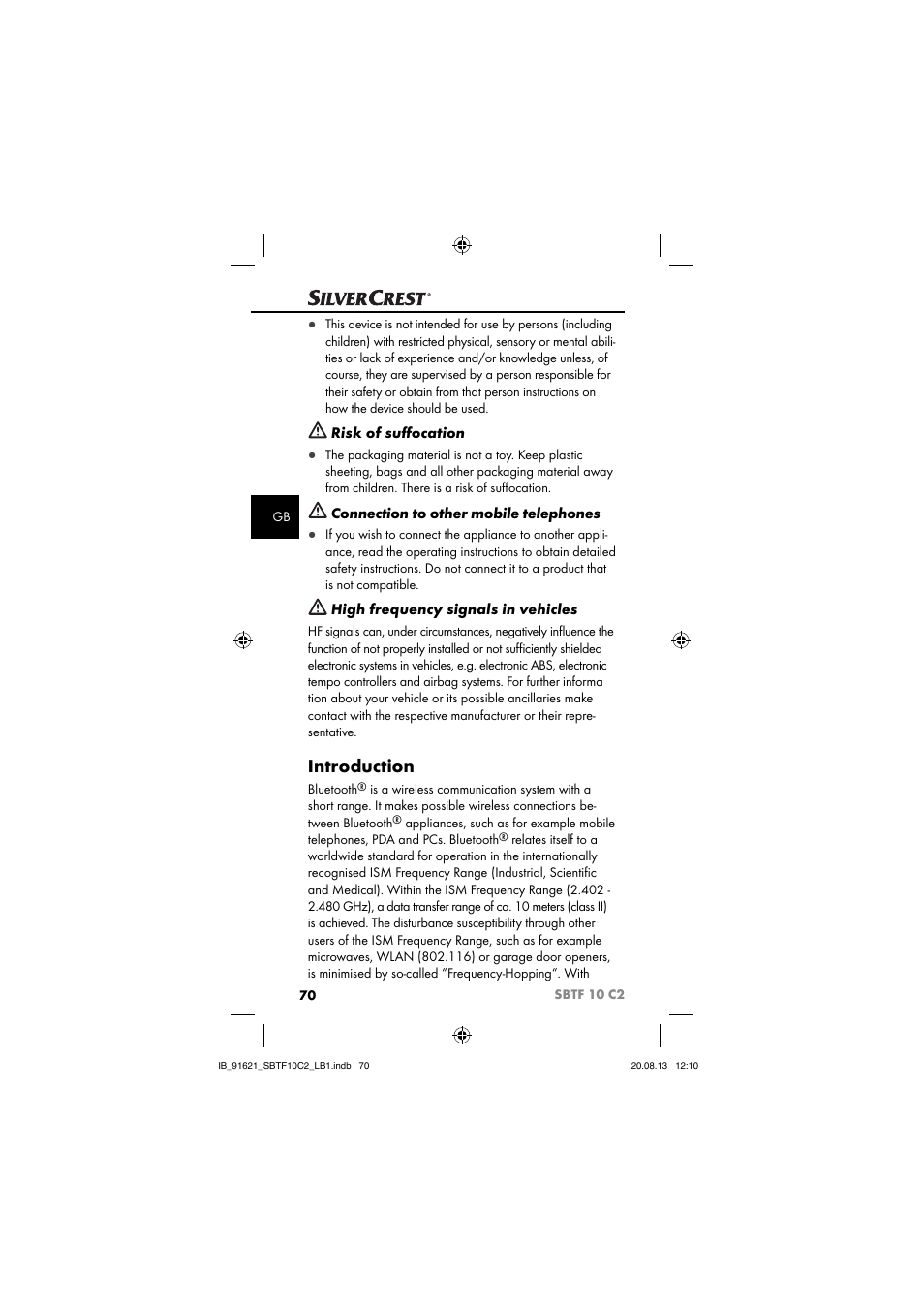 Introduction, Risk of suﬀ ocation, Connection to other mobile telephones | High frequency signals in vehicles | Silvercrest SBTF 10 C2 User Manual | Page 73 / 86