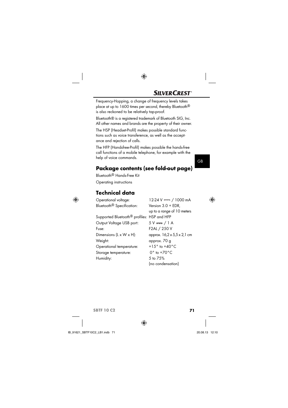 Package contents (see fold-out page), Technical data | Silvercrest SBTF 10 C2 User Manual | Page 74 / 86
