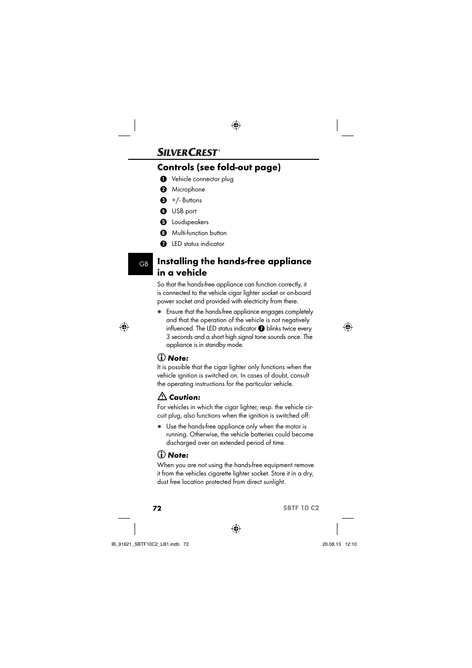 Controls (see fold-out page), Installing the hands-free appliance in a vehicle | Silvercrest SBTF 10 C2 User Manual | Page 75 / 86