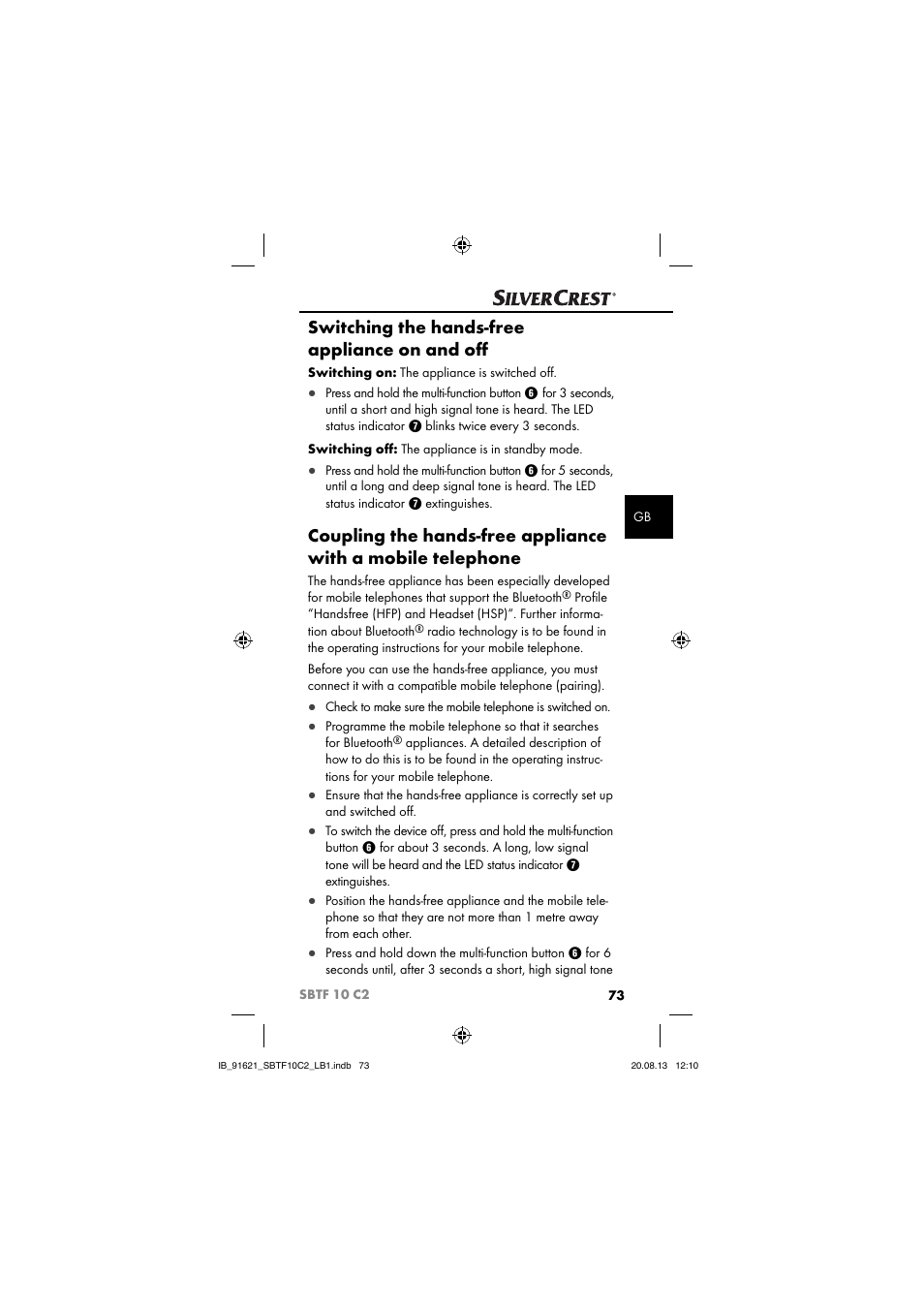 Switching the hands-free appliance on and oﬀ | Silvercrest SBTF 10 C2 User Manual | Page 76 / 86