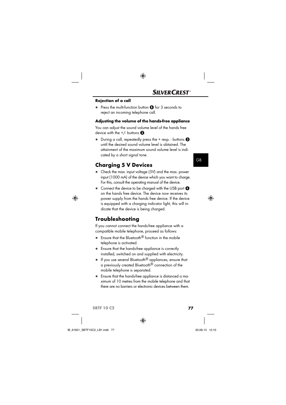 Charging 5 v devices, Troubleshooting | Silvercrest SBTF 10 C2 User Manual | Page 80 / 86