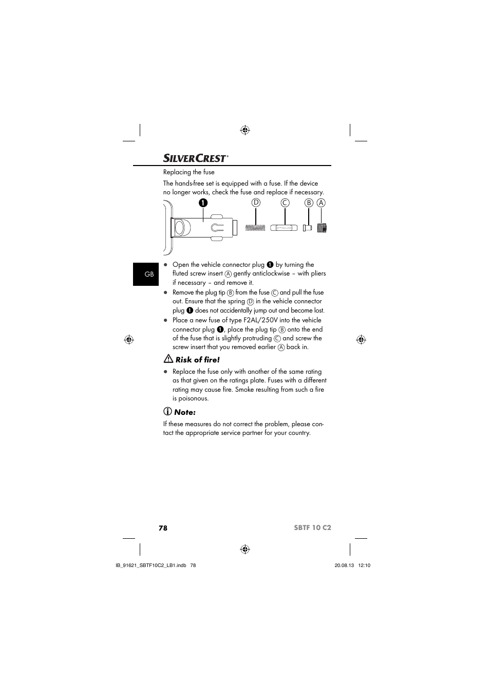 Risk of ﬁ re | Silvercrest SBTF 10 C2 User Manual | Page 81 / 86