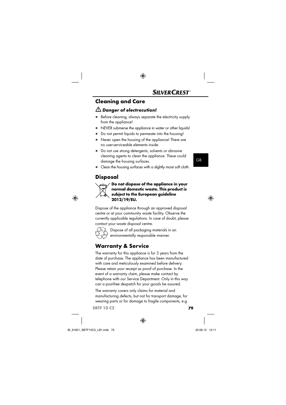 Cleaning and care, Disposal, Warranty & service | Silvercrest SBTF 10 C2 User Manual | Page 82 / 86